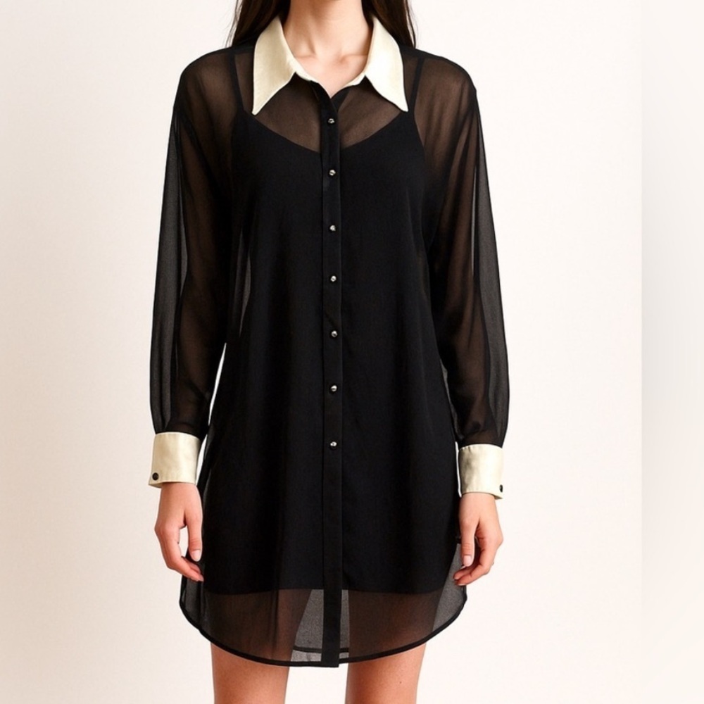 Vintage DJ & Co. Sheer Black Tunic Shirt Dress Ivory Satin Collar Cuffs Size 12